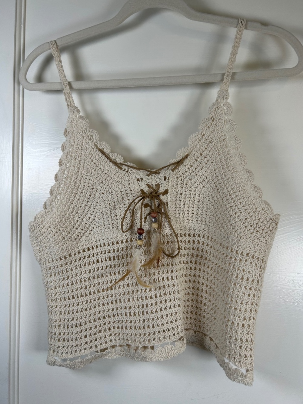 Boho crochet tank top with leather detail Womens Small tan